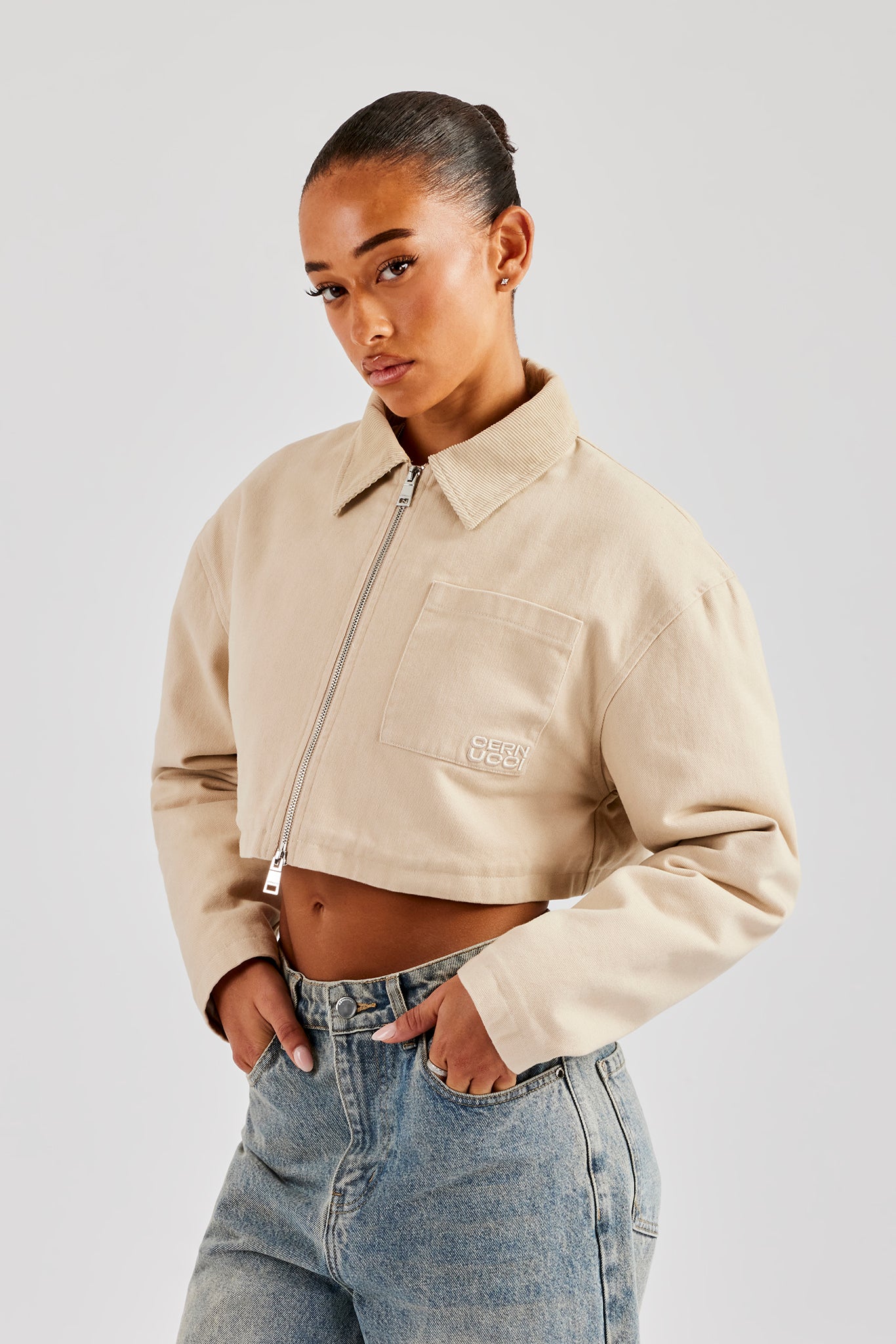 Twill Cord Collar Harrington Jacket - Stone | Womens Outerwear
