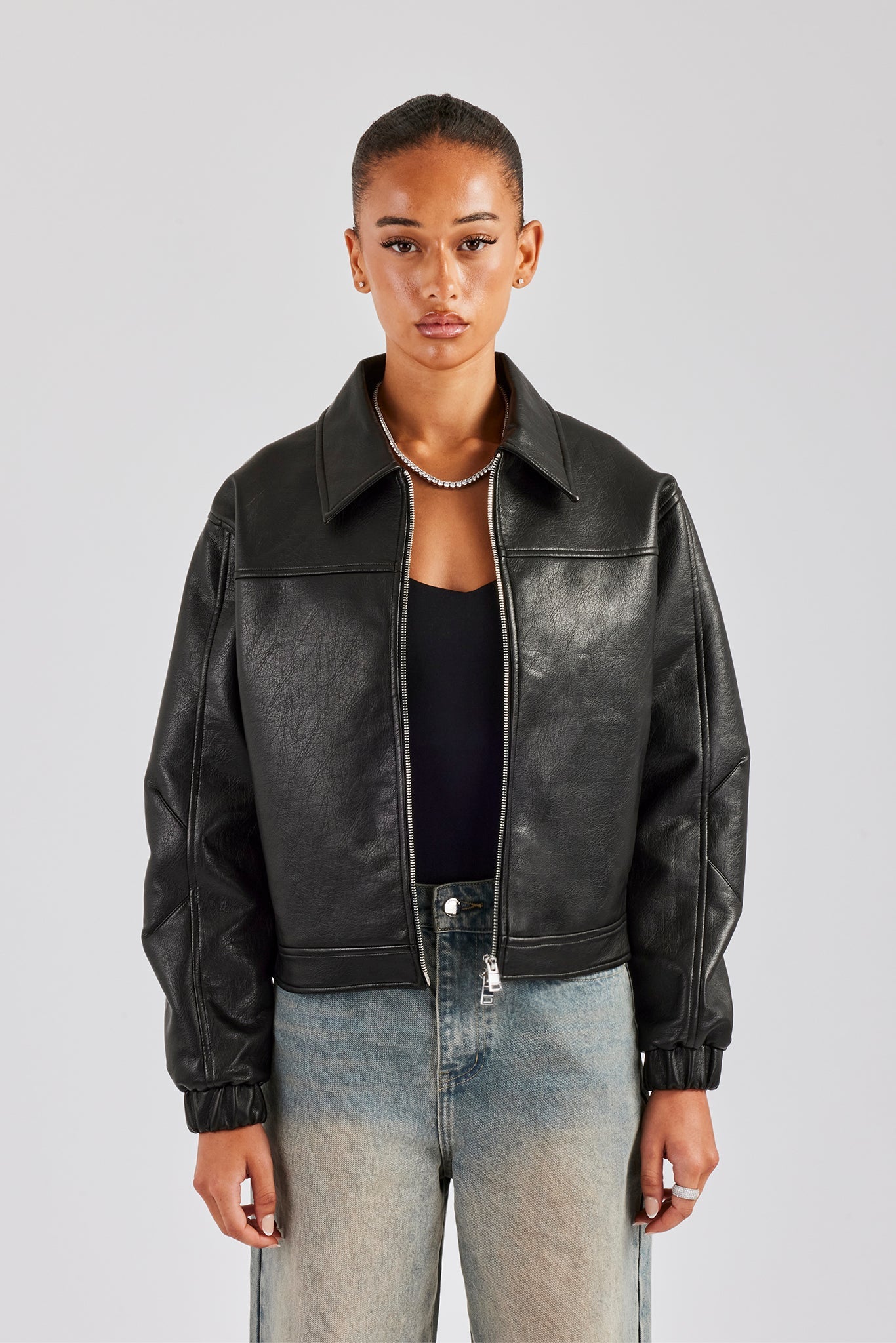 PU Embroidered Harrington Jacket - Black