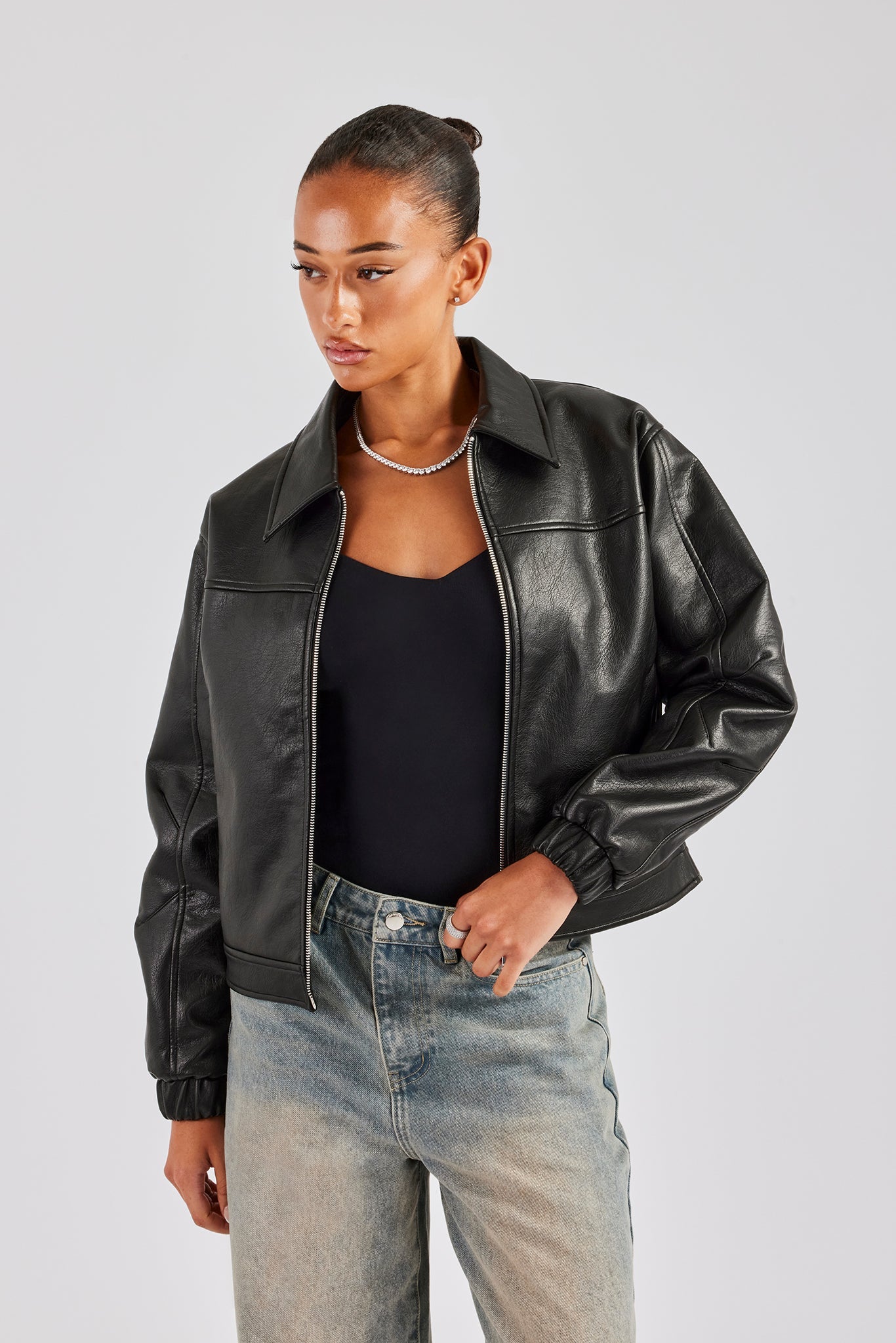 PU Embroidered Harrington Jacket - Black