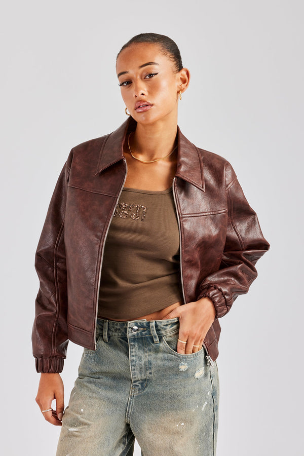 PU Embroidered Harrington Jacket - Brown