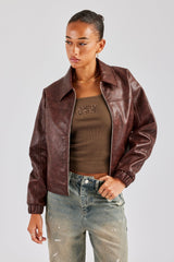 PU Embroidered Harrington Jacket - Brown