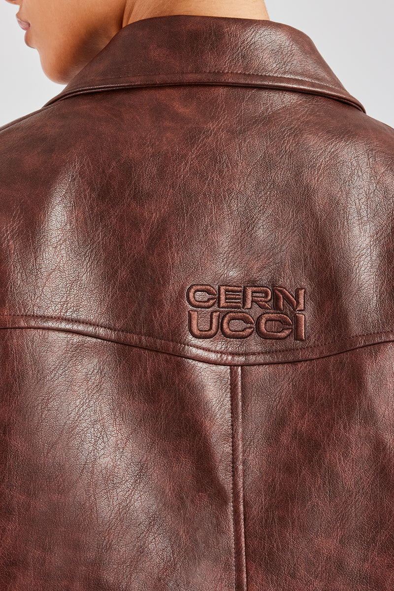 PU Embroidered Harrington Jacket - Brown