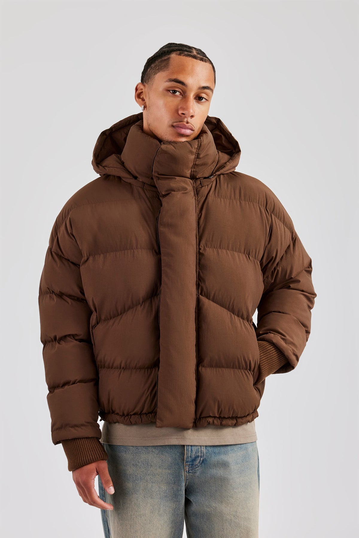 Oversized Hooded Puffer Jacket - Brown | Mens Outerwear | Shop 