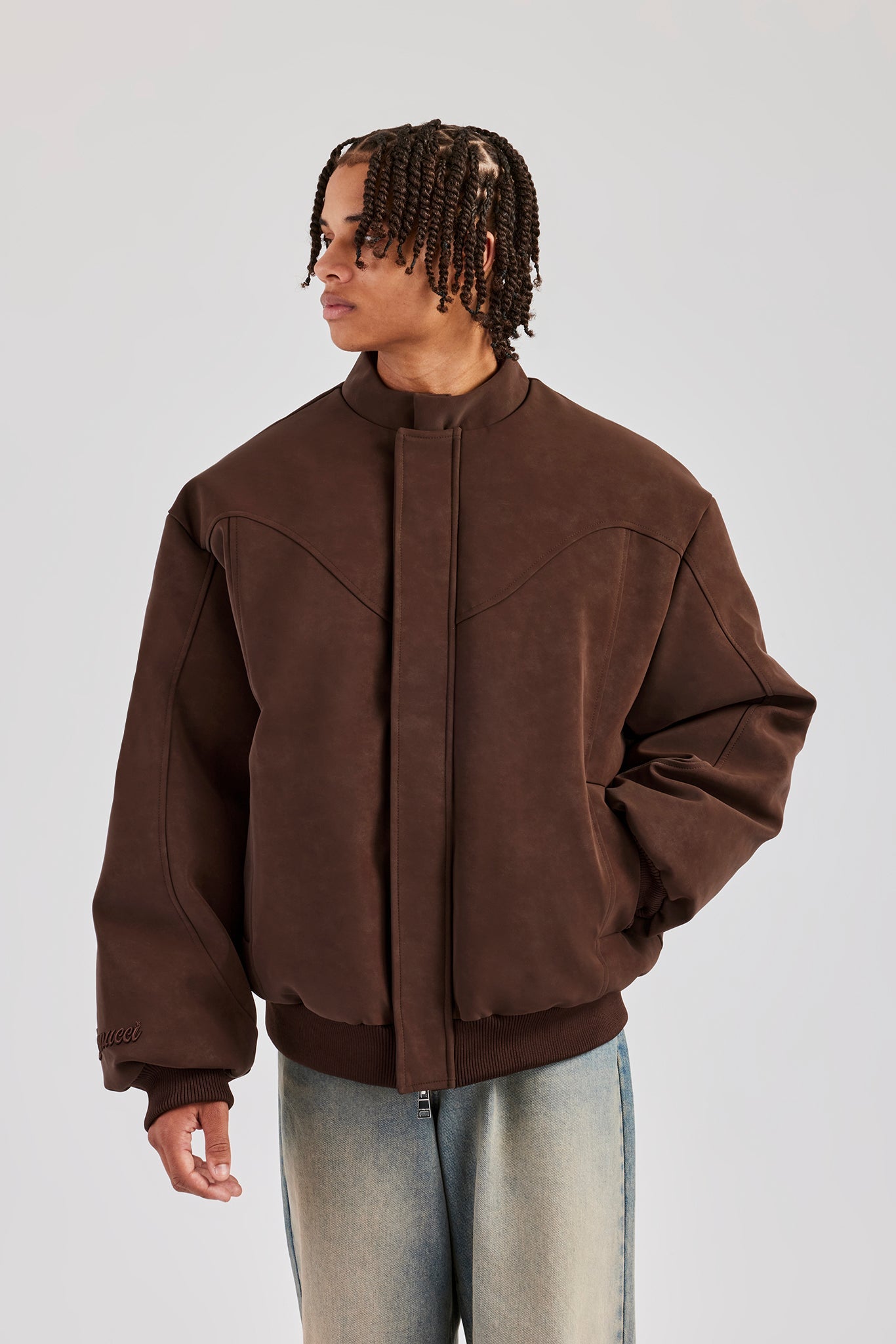 Embroidered Puffer Bomber Jacket - Chocolate | Mens Outerwear