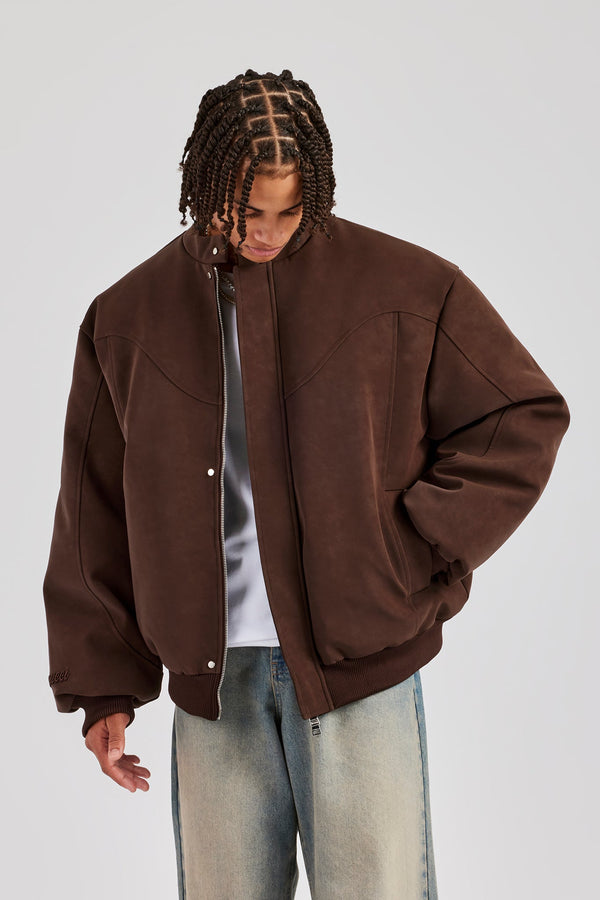 Embroidered Puffer Bomber Jacket - Chocolate