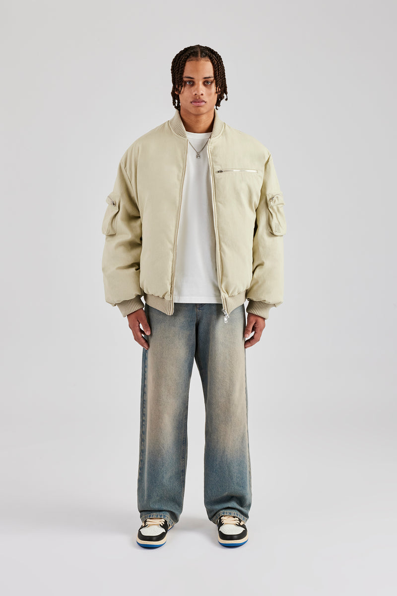 Twill Utility Heavy Bomber Jacket - Off White