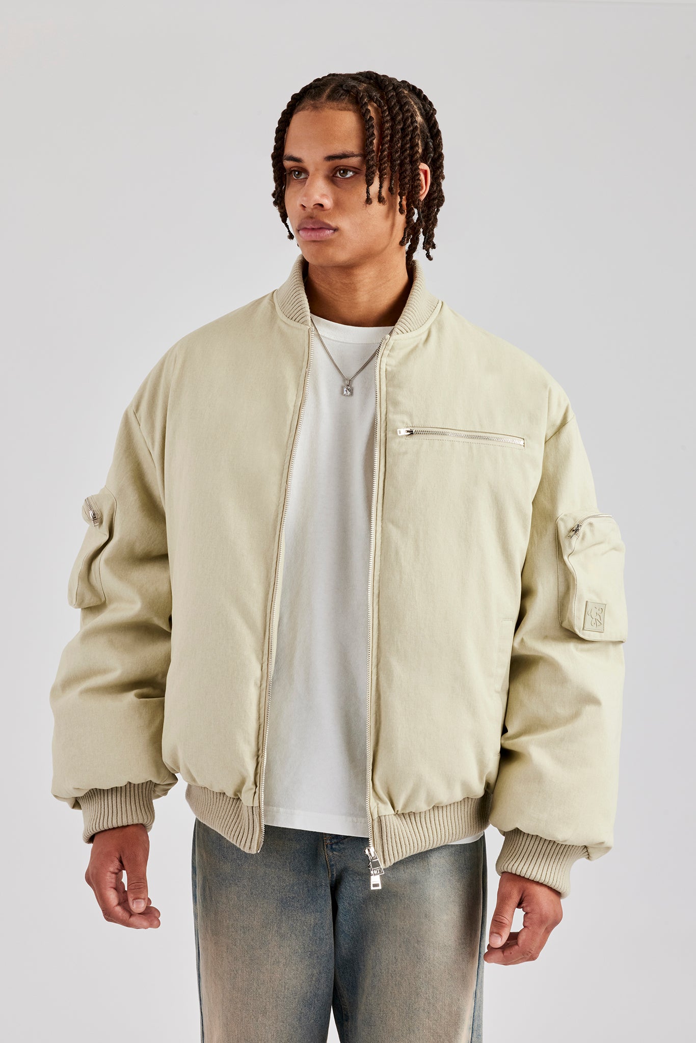 Twill Utility Heavy Bomber Jacket Off White