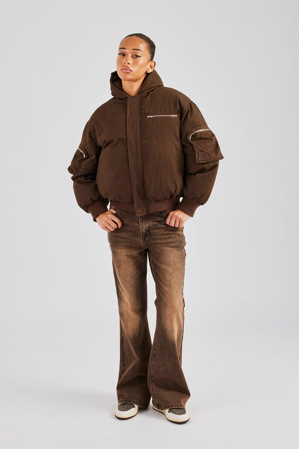 Womens Twill Utility Cargo Bomber Jacket - Chocolate