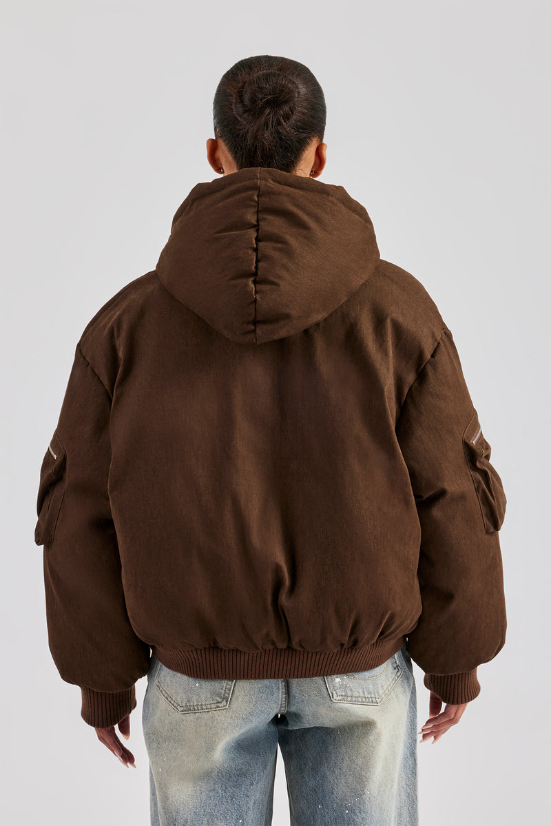 Womens Twill Utility Cargo Bomber Jacket - Chocolate