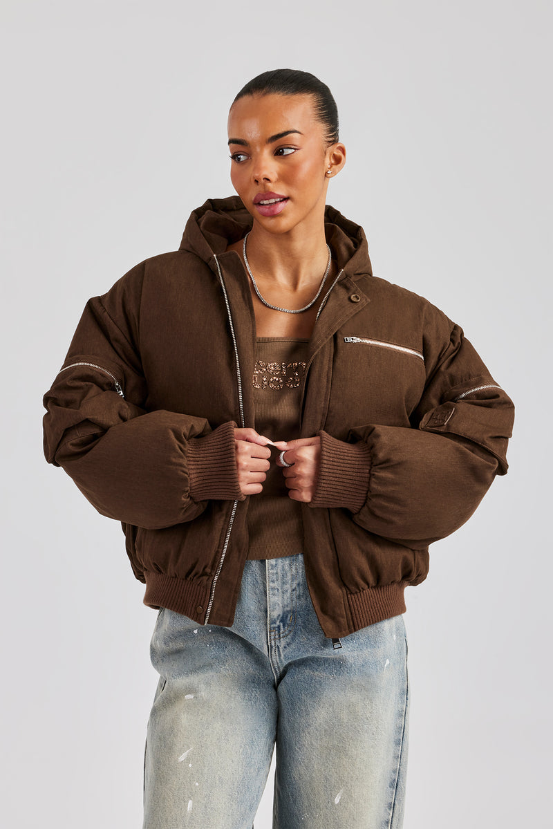 Womens Twill Utility Cargo Bomber Jacket - Chocolate