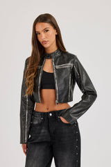 Washed Seam Detail Moto Jacket - Black
