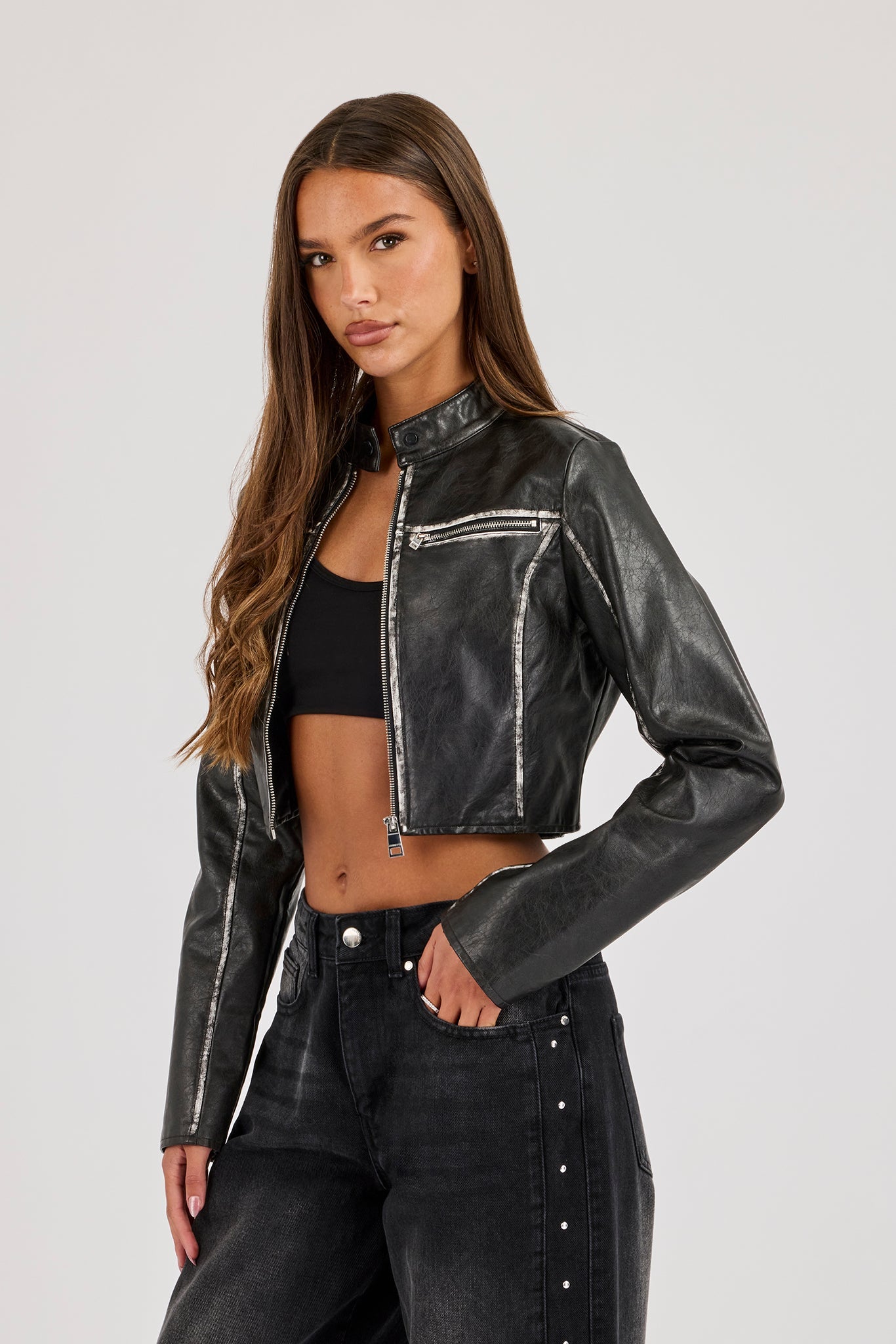 Washed Seam Detail Moto Jacket - Black