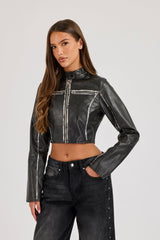 Washed Seam Detail Moto Jacket - Black