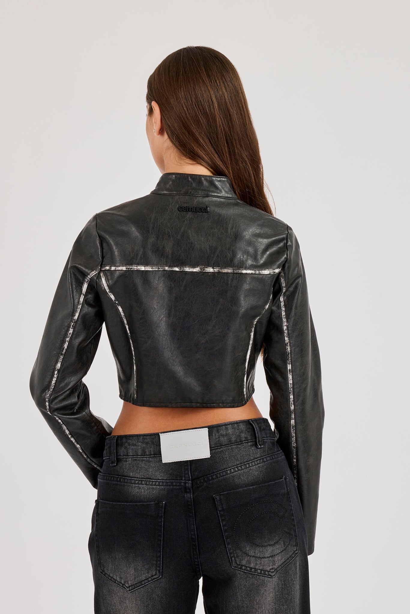 Washed Seam Detail Moto Jacket - Black