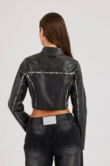 Washed Seam Detail Moto Jacket - Black