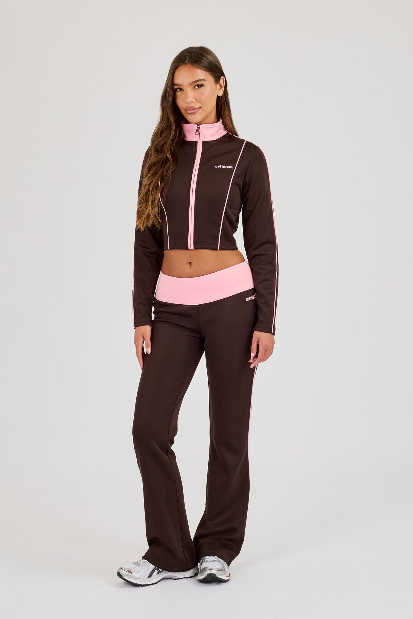 Fitted Contrast Piping Track Top & Fitted Flare - Chocolate
