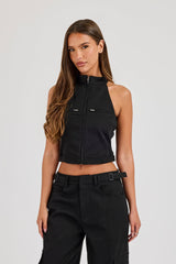 Twill Fitted Funnel Neck Sleeveless Top - Black