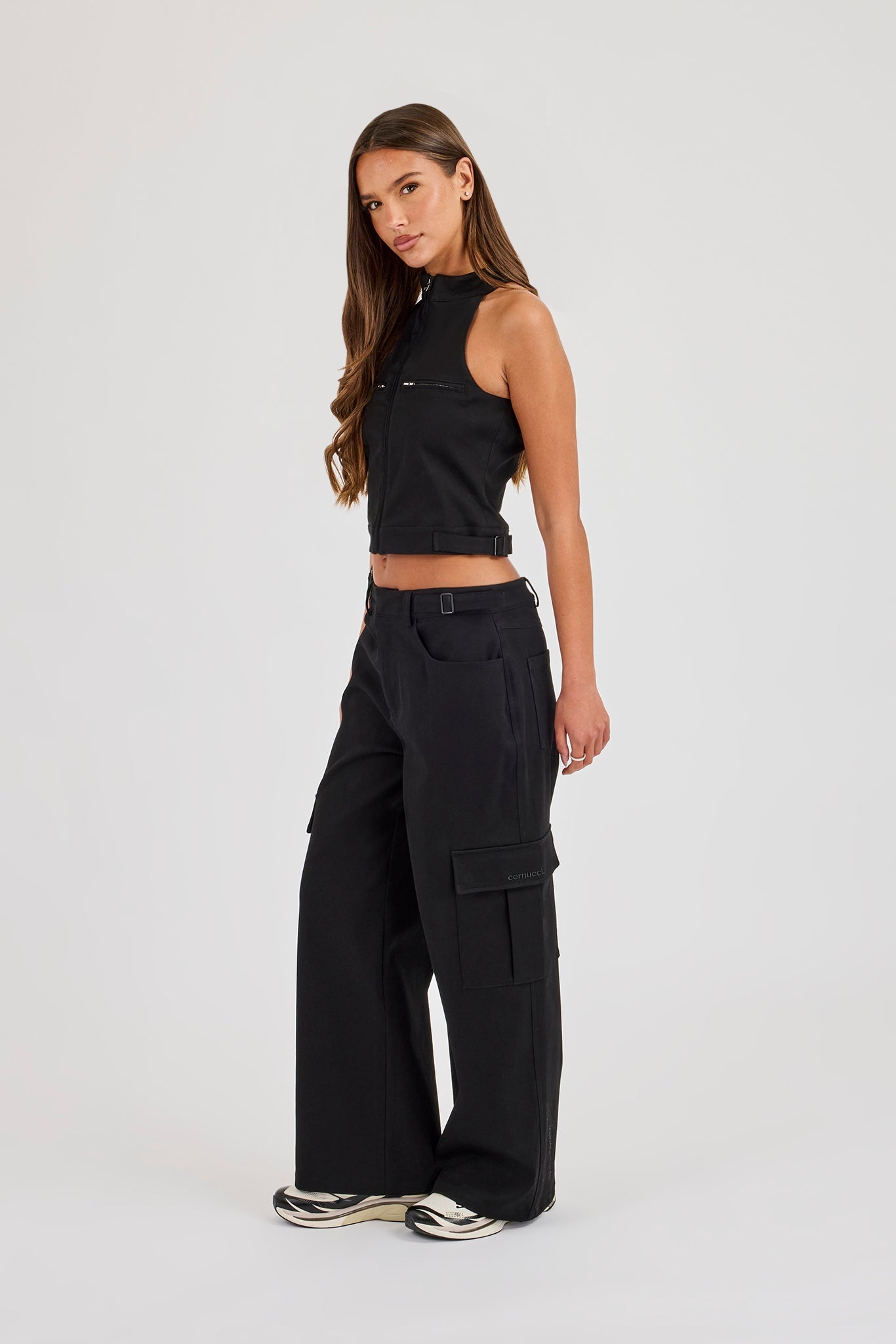 Twill Fitted Funnel Neck Sleeveless Top & Cargo Trouser - Black