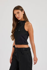 Twill Fitted Funnel Neck Sleeveless Top - Black