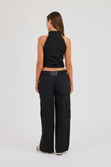 Twill Fitted Funnel Neck Sleeveless Top & Cargo Trouser - Black