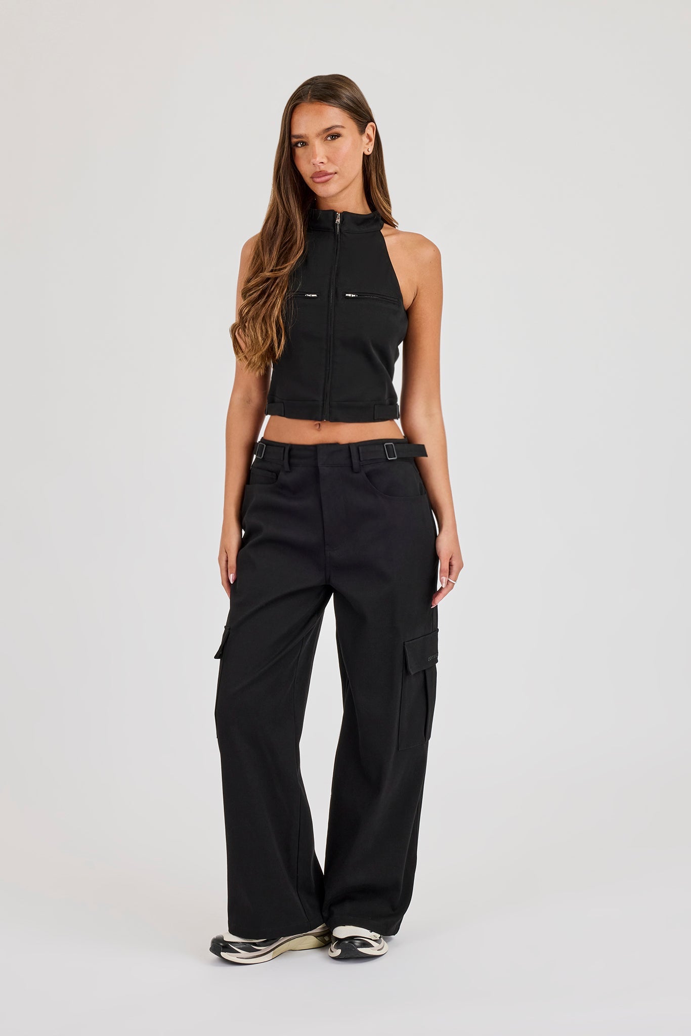 Twill Fitted Funnel Neck Sleeveless Top & Cargo Trouser - Black