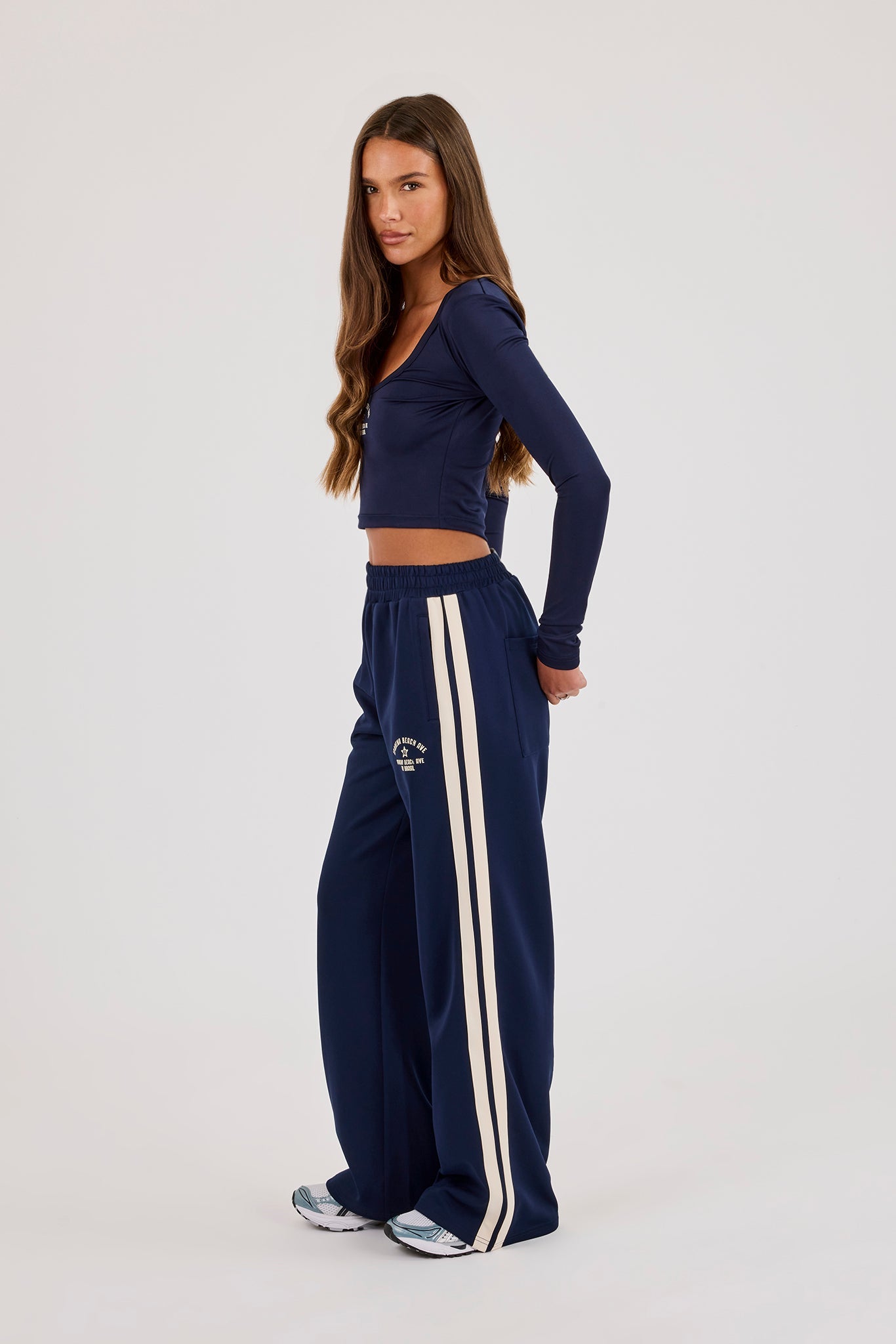 Ipanema Printed Scoop Neck Top & Wide Leg Track Pant  Navy Blue