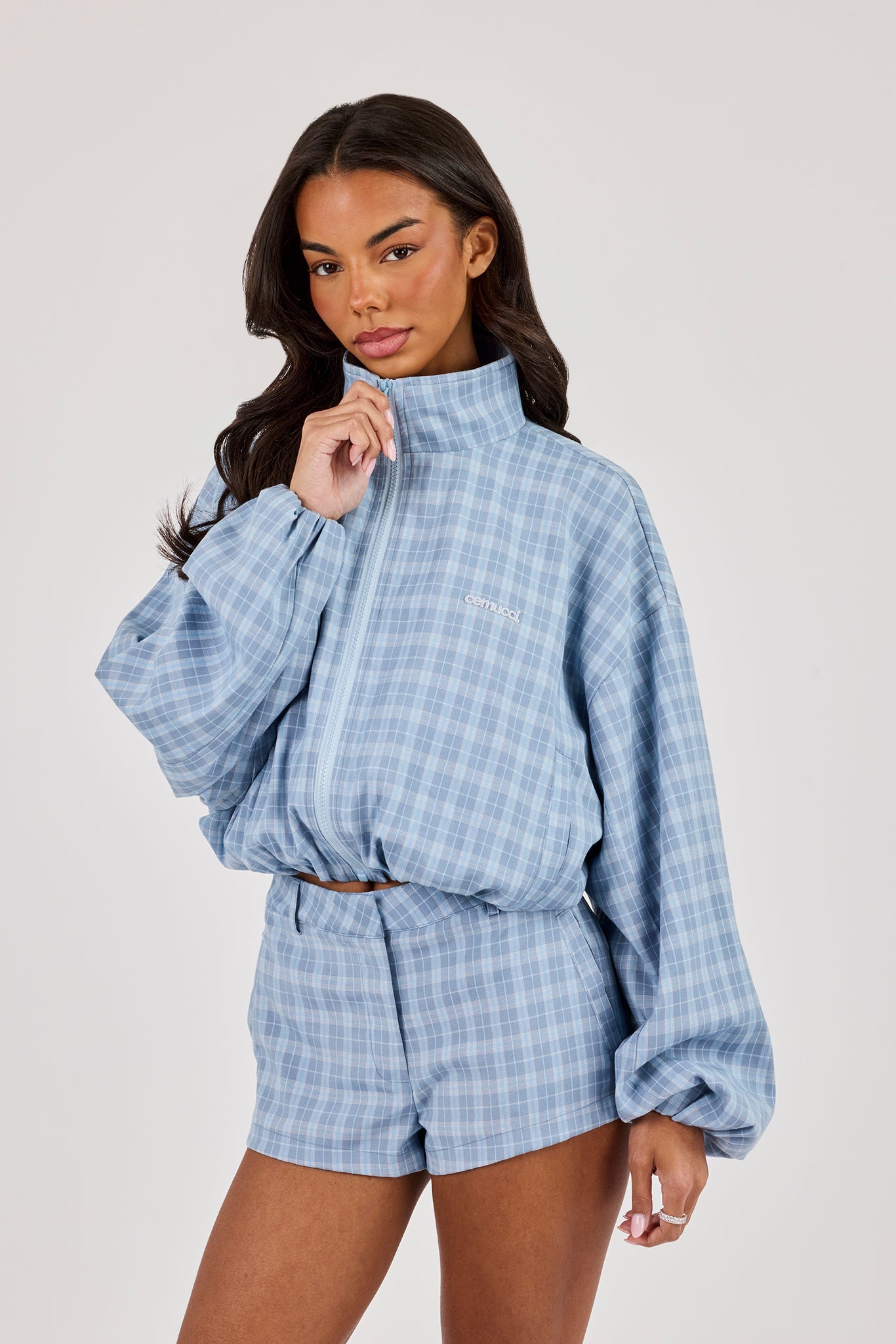Check Funnel Neck Zip Jacket - Blue