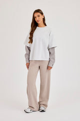 Oversized Layered Check Sleeve T-Shirt - Grey