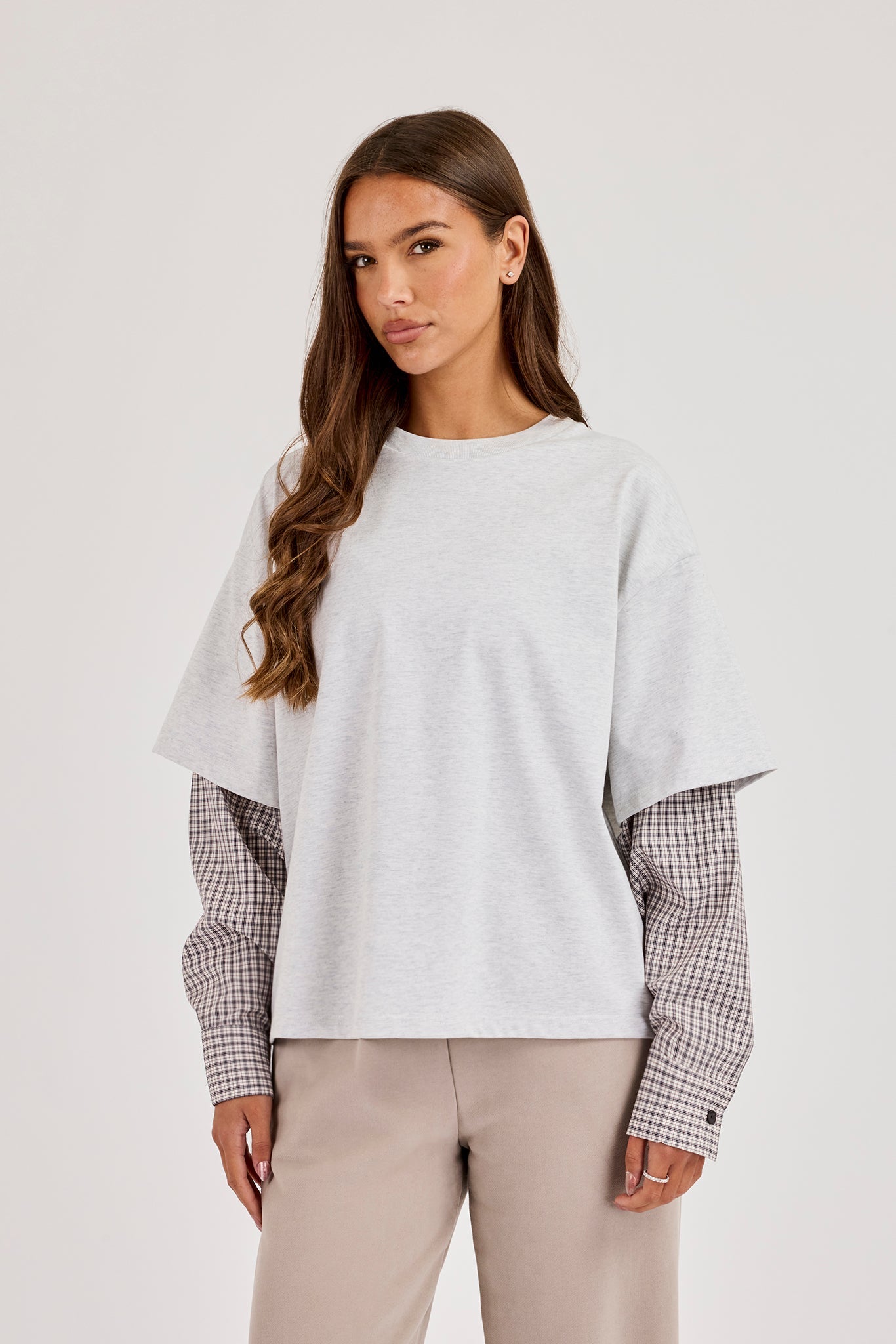 Oversized Layered Check Sleeve T-Shirt - Grey