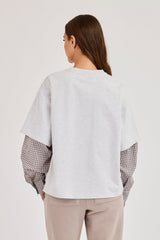 Oversized Layered Check Sleeve T-Shirt - Grey