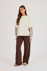 Oversized Layered Check Sleeve T-Shirt - Off White