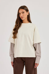 Oversized Layered Check Sleeve T-Shirt - Off White