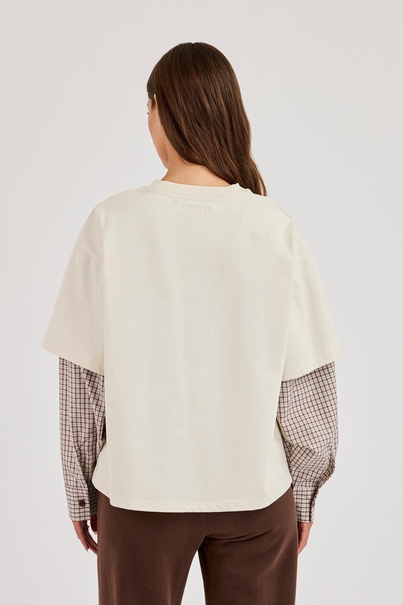 Oversized Layered Check Sleeve T-Shirt - Off White