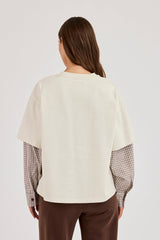 Oversized Layered Check Sleeve T-Shirt - Off White