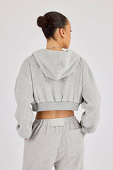 Towelling Cropped Zip Hoodie - Grey