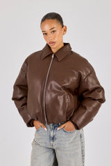 PU Padded Collared Bomber Jacket - Brown