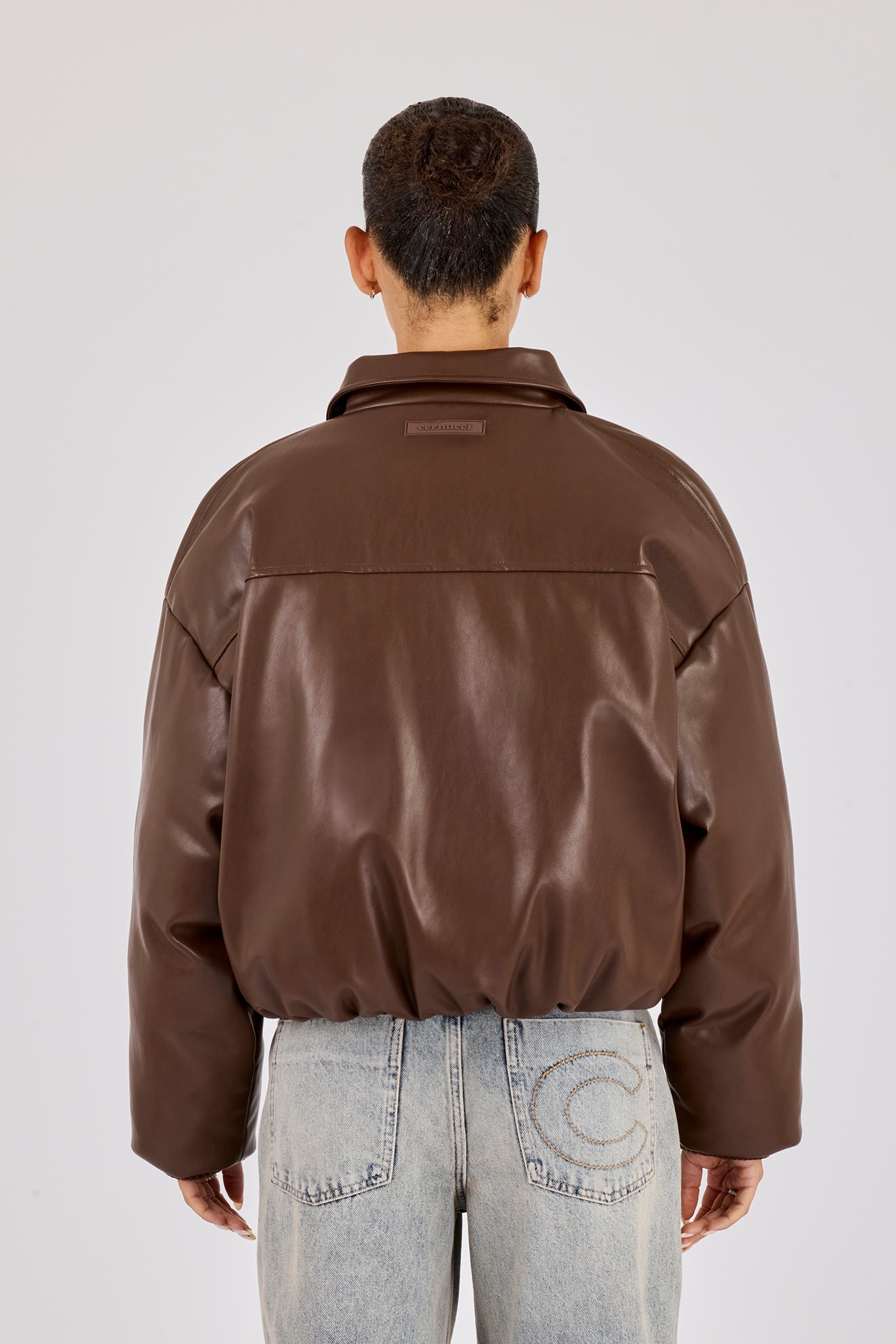 PU Padded Collared Bomber Jacket - Brown