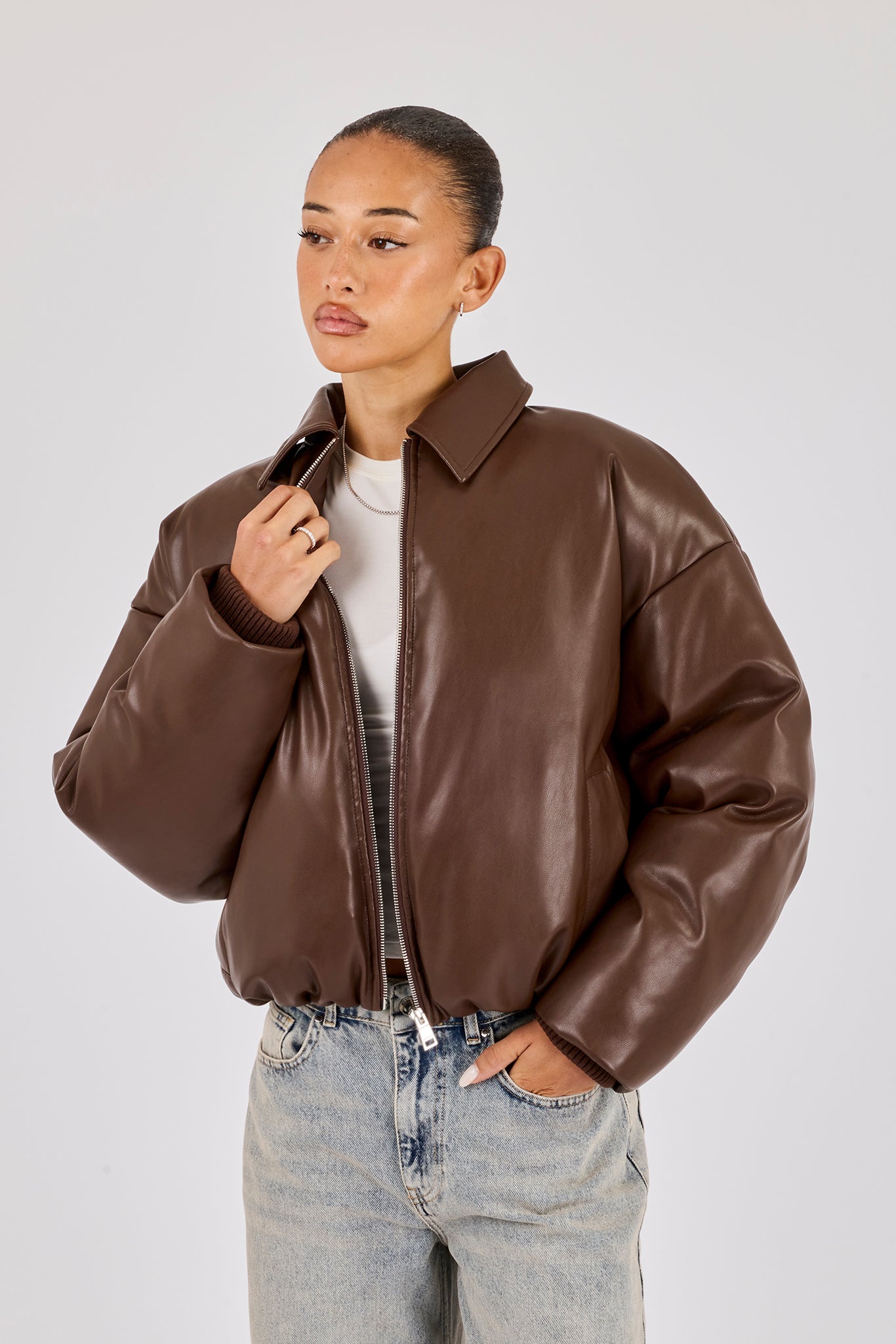 PU Padded Collared Bomber Jacket - Brown