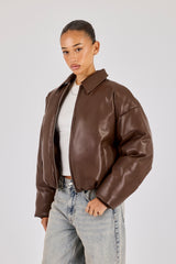 PU Padded Collared Bomber Jacket - Brown