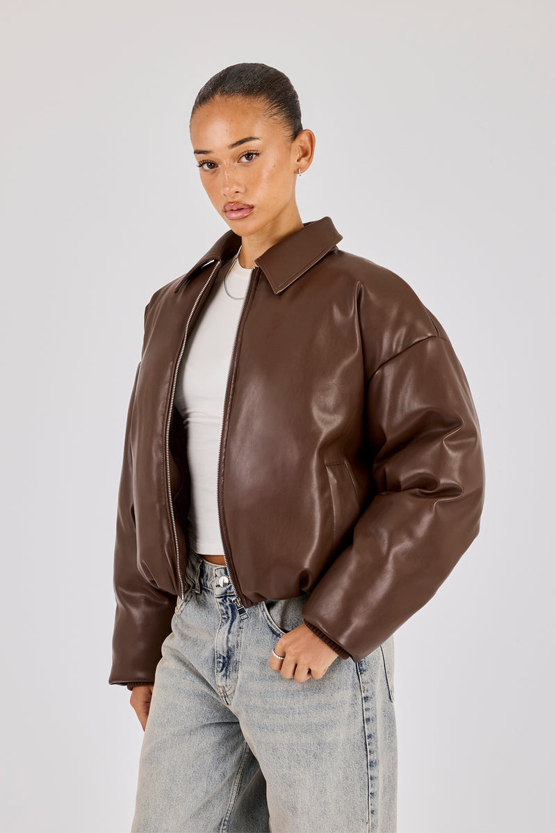 PU Padded Collared Bomber Jacket - Brown