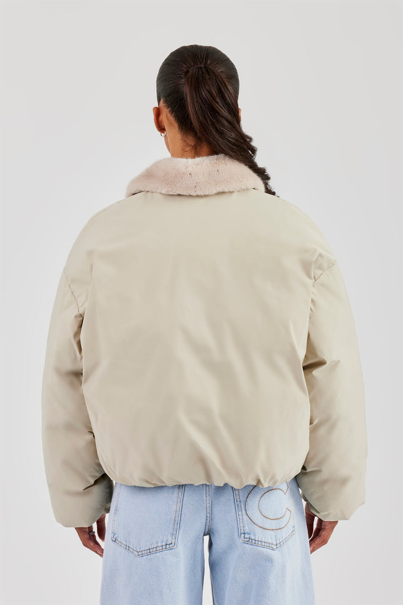 Padded Bomber With Fur Collar - Sage