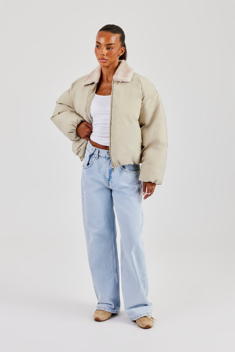 Padded Bomber With Fur Collar - Sage