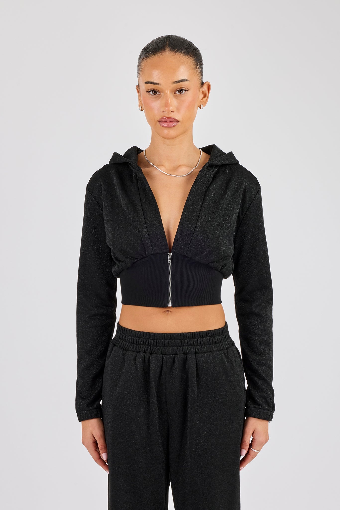 Glitter Fitted Cropped Hoodie - Black