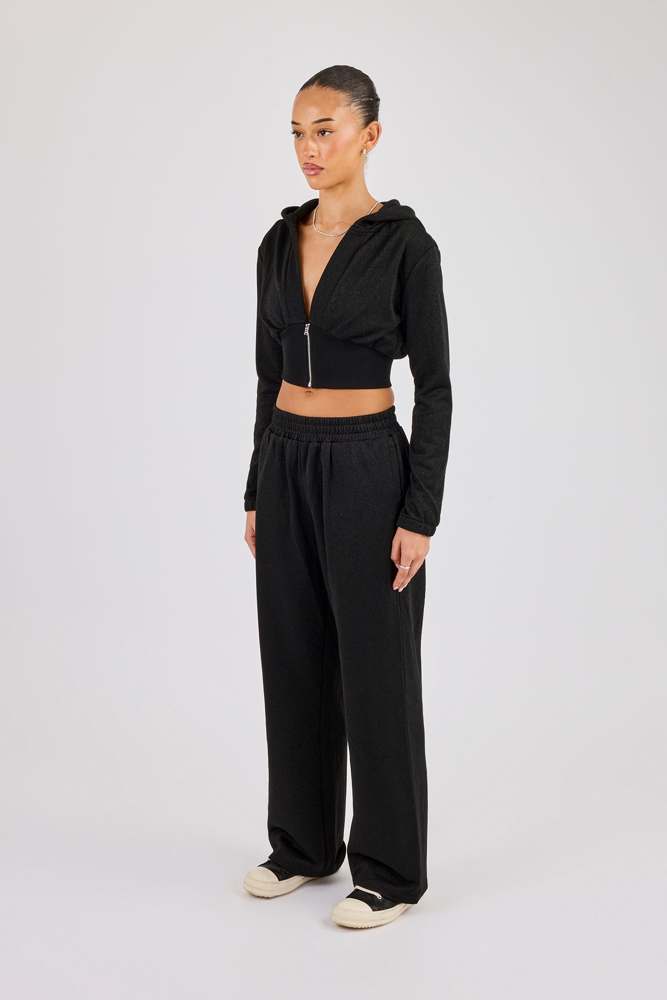 Glitter Fitted Cropped Hoodie & Wide Leg Jogger - Black
