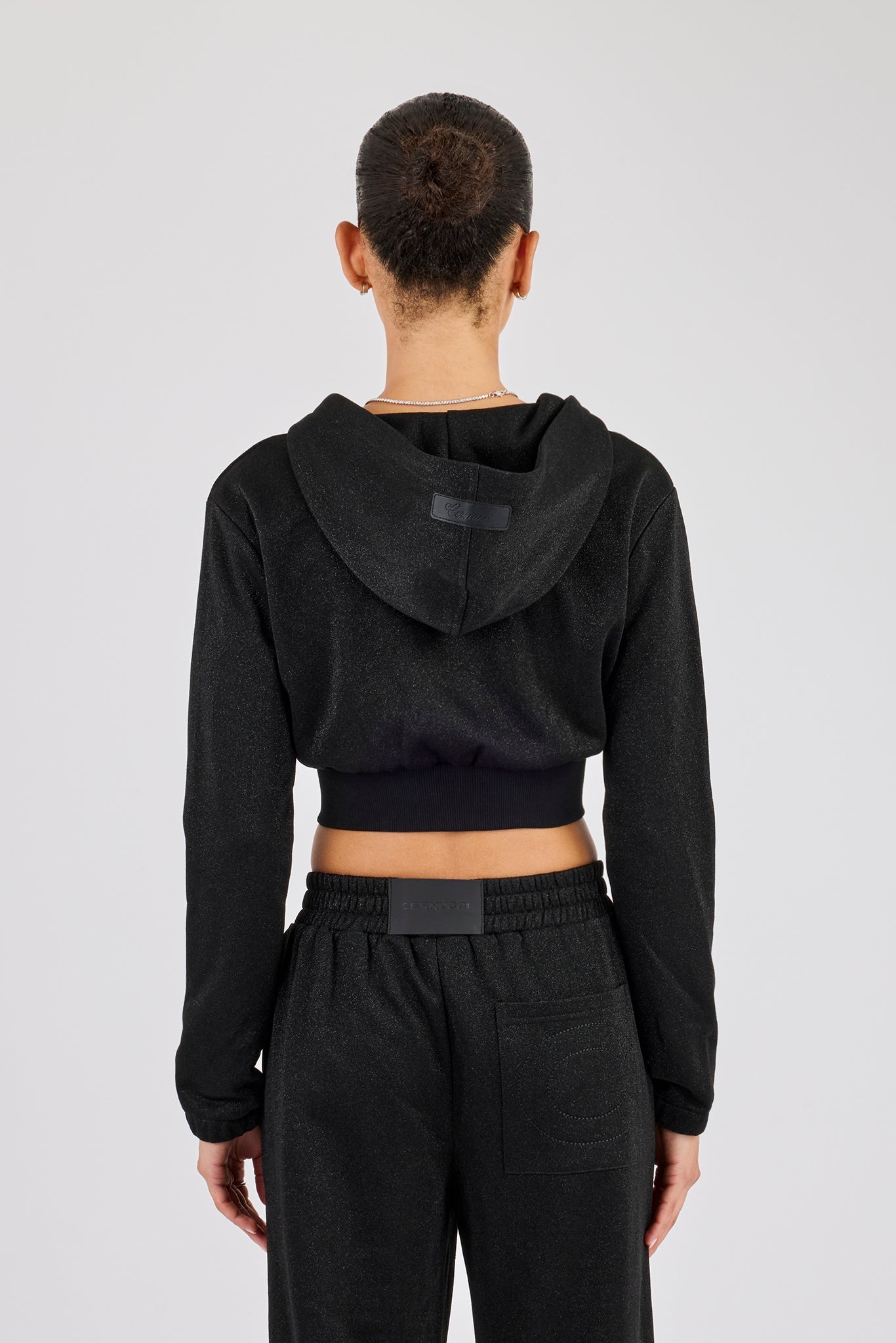 Glitter Fitted Cropped Hoodie - Black