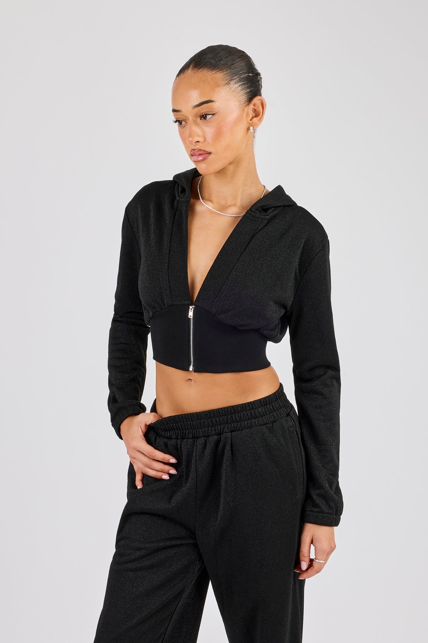 Glitter Fitted Cropped Hoodie - Black