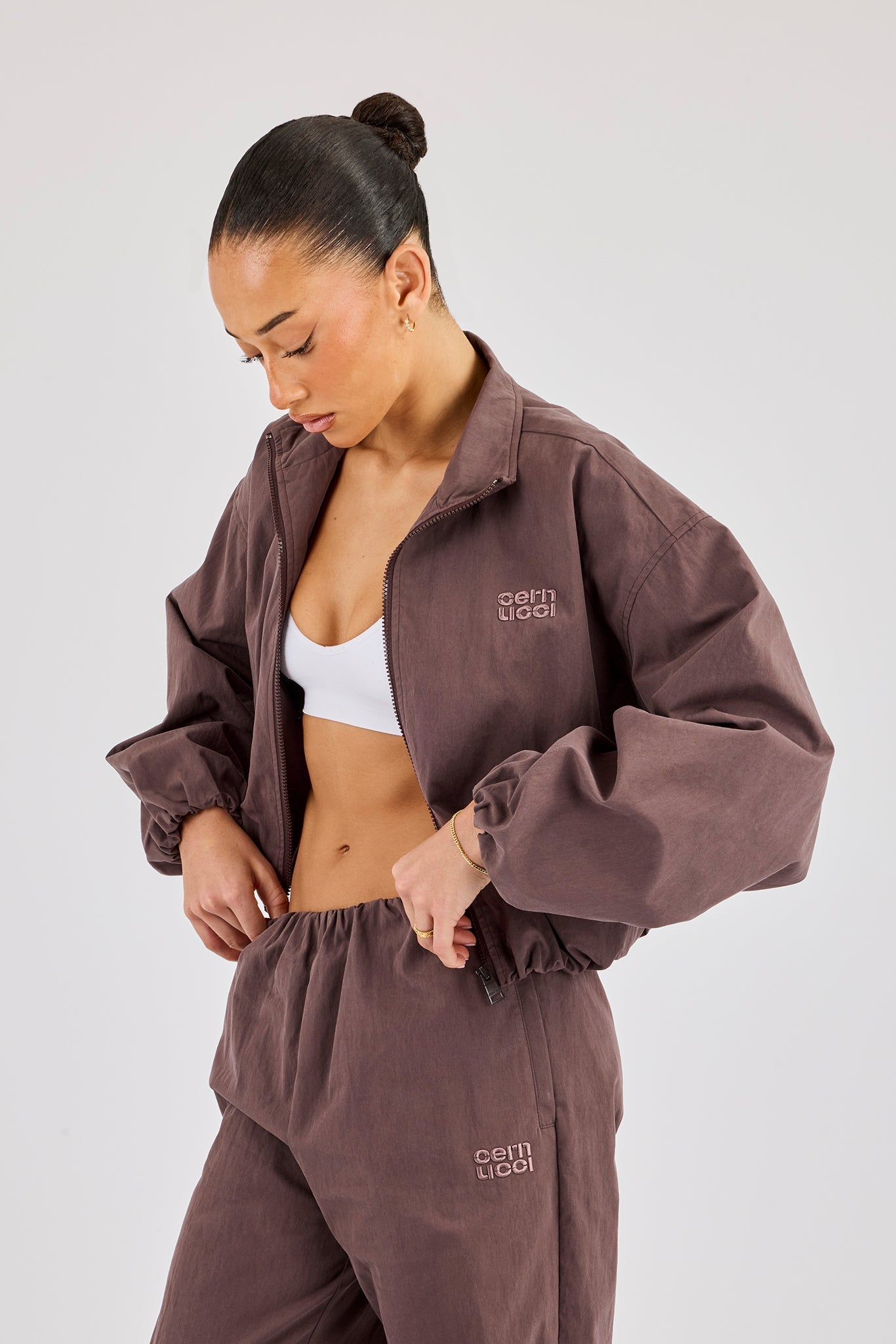 Oversized Nylon Track Jacket - Dark Brown