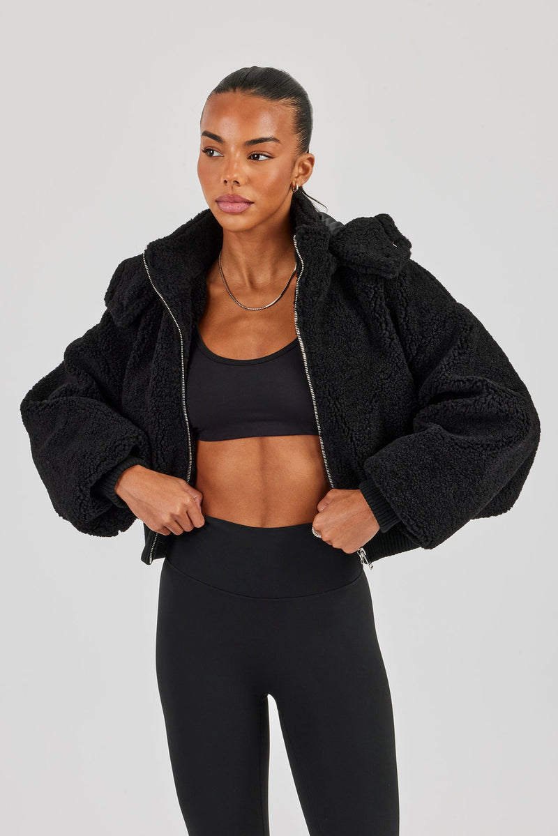 Borg Zip Through Hoodie - Black