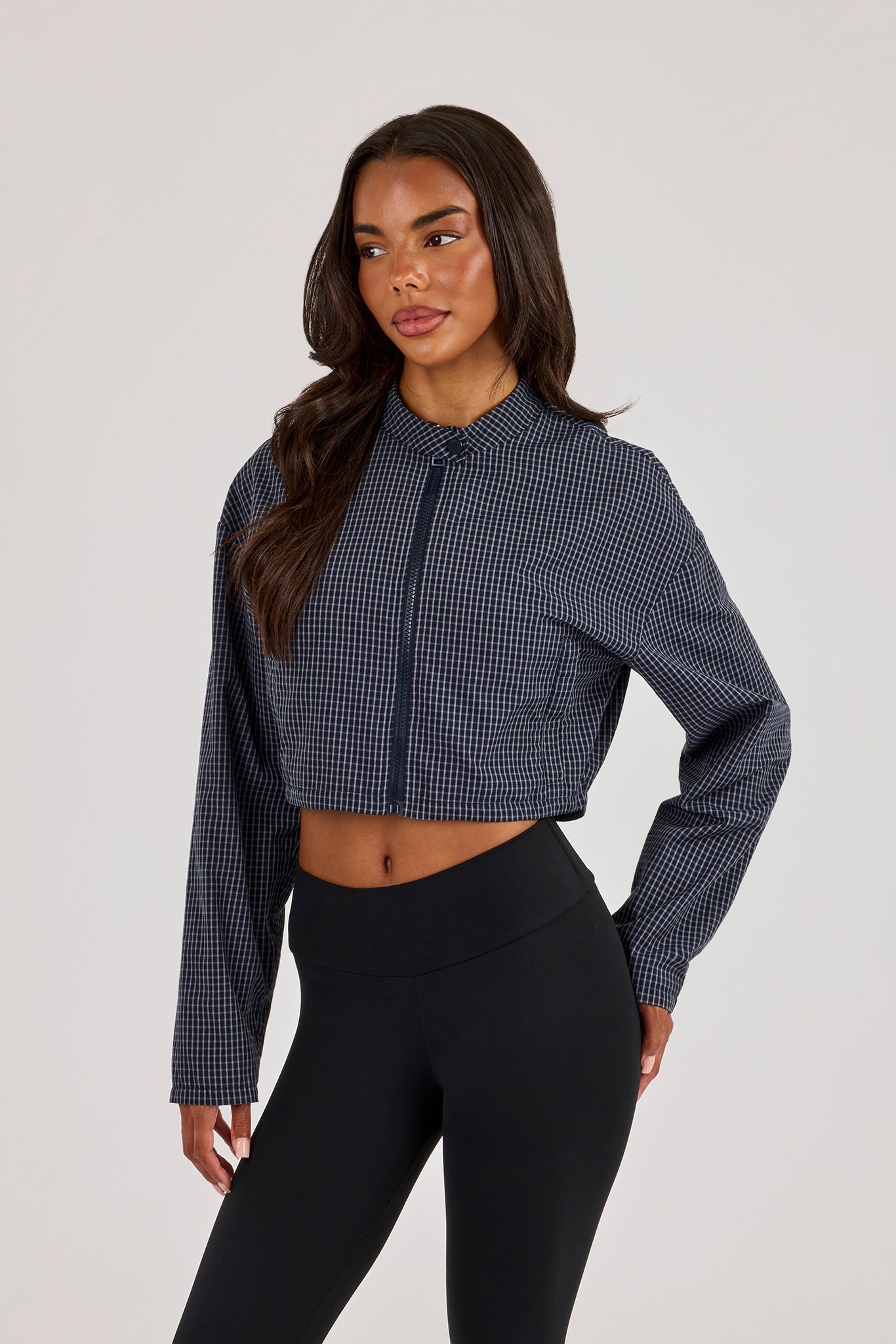 Check Funnel Neck Jacket - Navy