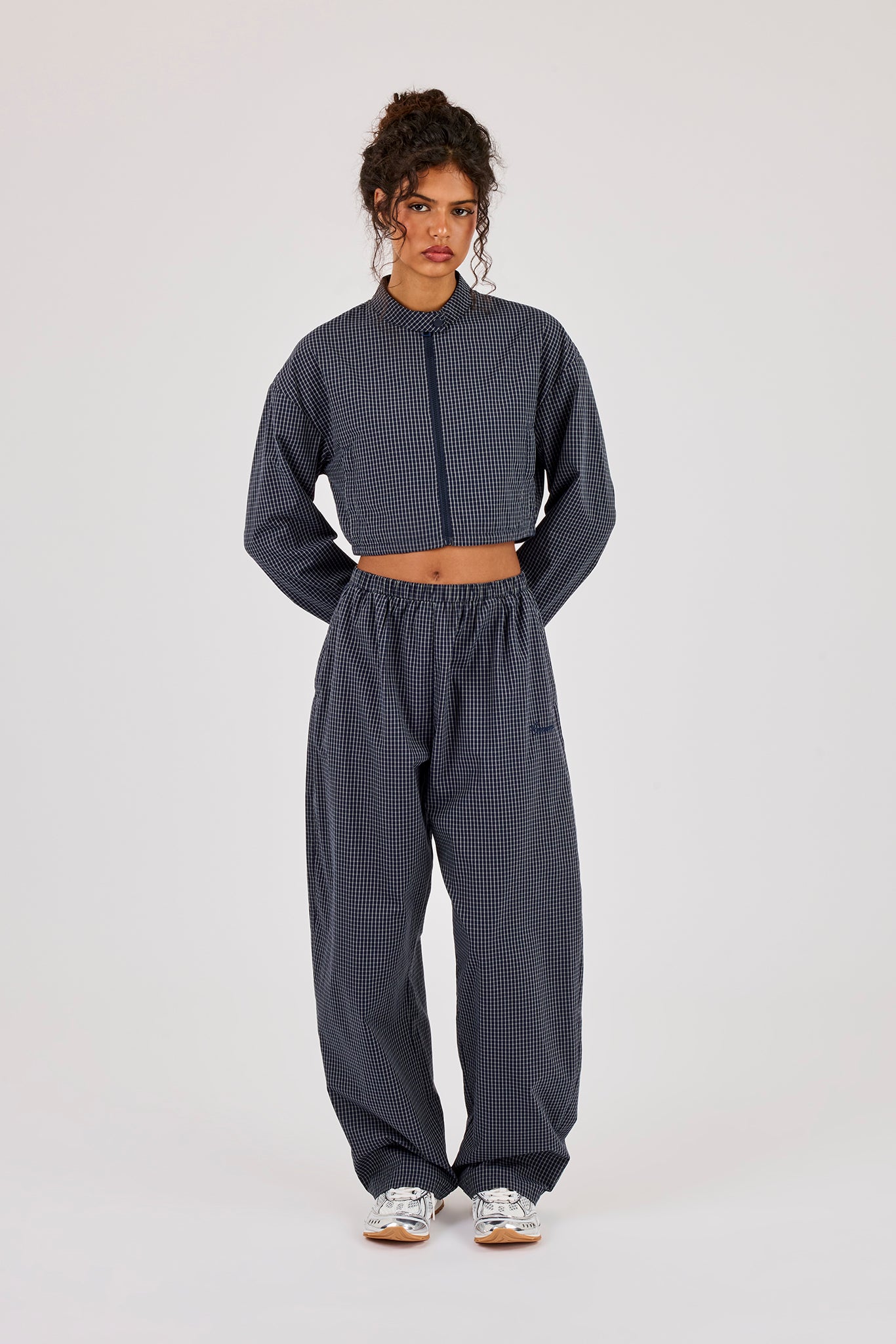 Check Funnel Neck Jacket & Barrel Leg Trouser - Navy